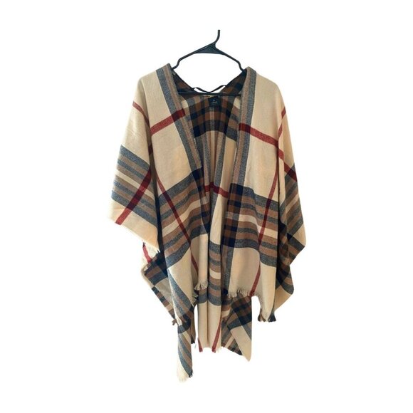 Fraas Classic Plaid Print Fringe-Trim Ruana Shawl in Beige Tan Women's One Size - Picture 2 of 4